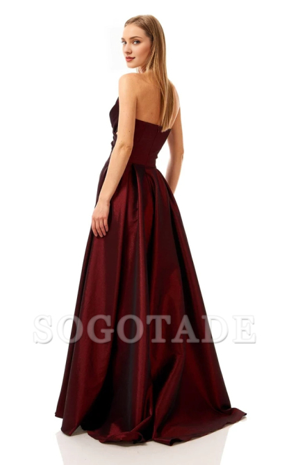 A-line V-neck satin strapless and floor length Prom dress