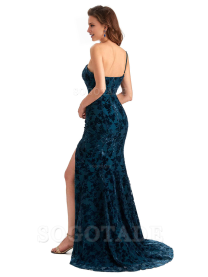 Sexy Magnetic Side Slit Spaghetti Straps Mermaid Floral Velvet Long High Quality Bridesmaid Dresses Formal Women's Dresses Wedding Guests Dresses