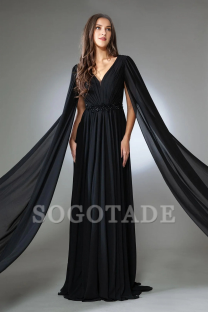 Long shawl sleeve V-neck chiffon dress paired with A-line skirt
