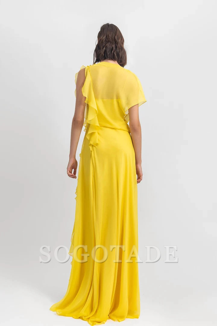 Asymmetric horn chiffon and ground length gowns evening dresses
