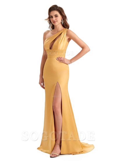 Charming Sexy Unique Side Slit Mermaid Silky One Shoulder Long Bridesmaid Dresses Formal Women's Dresses Wedding Guests Dresses