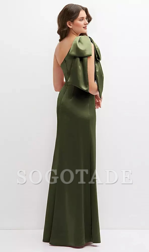 Unique oversized shoulder bow one shoulder satin long Prom dress
