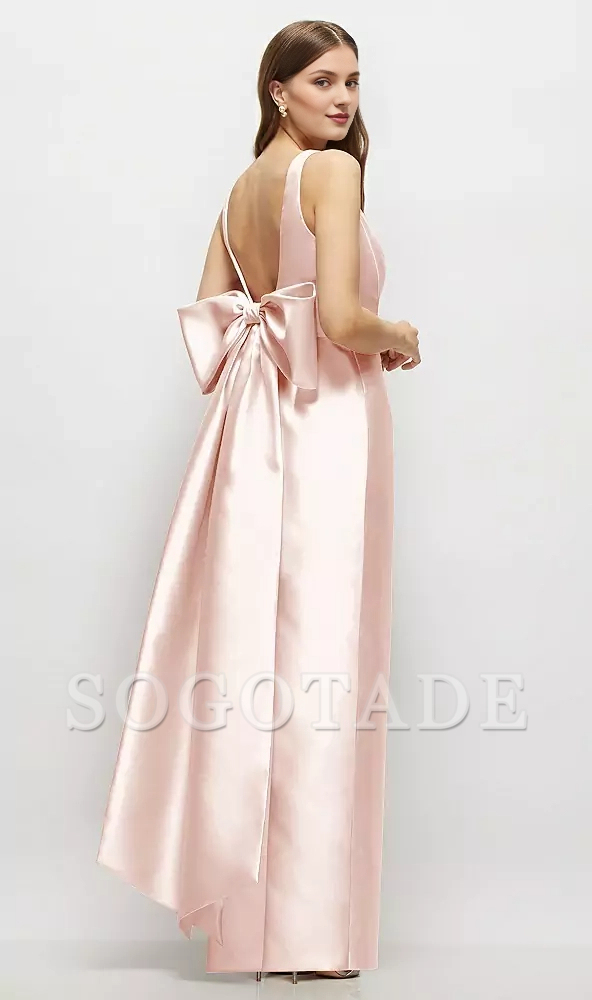 Bow low round neck tight corset satin and floor length bridesmaid dress