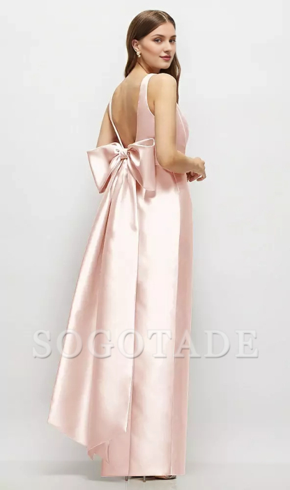 Bow low round neck tight corset satin and floor length bridesmaid dress