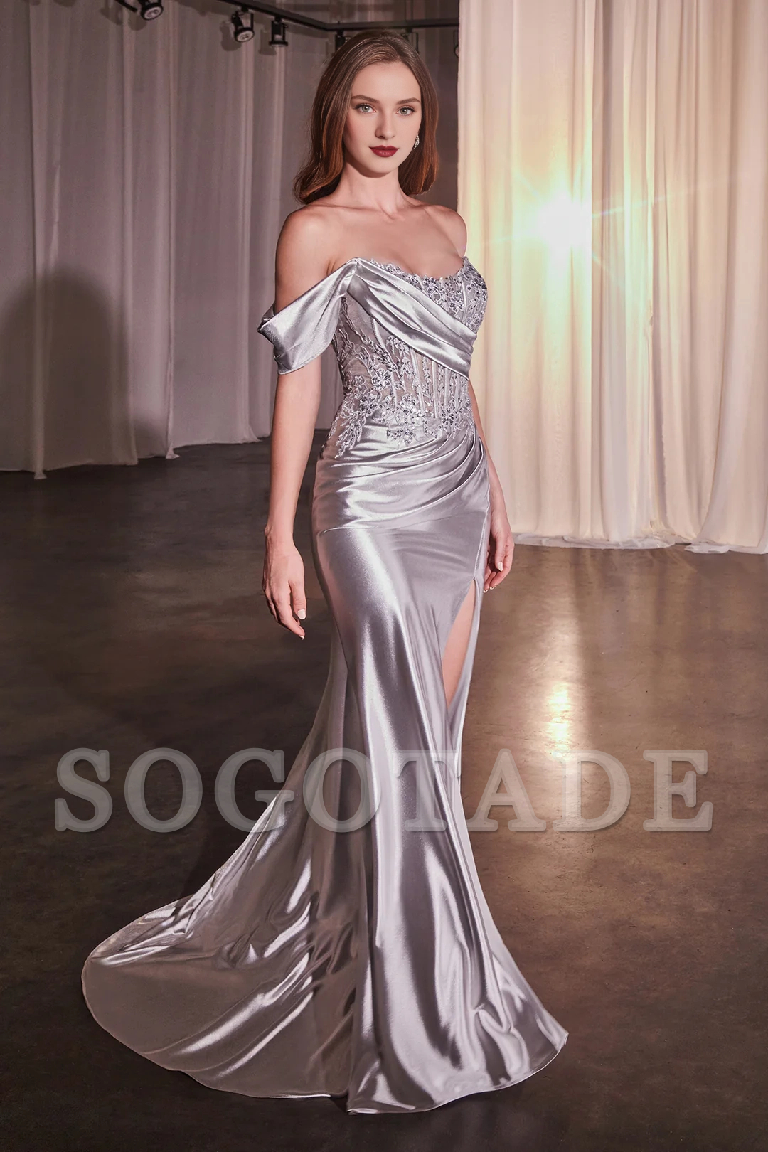 Lace applique long one shoulder satin dress