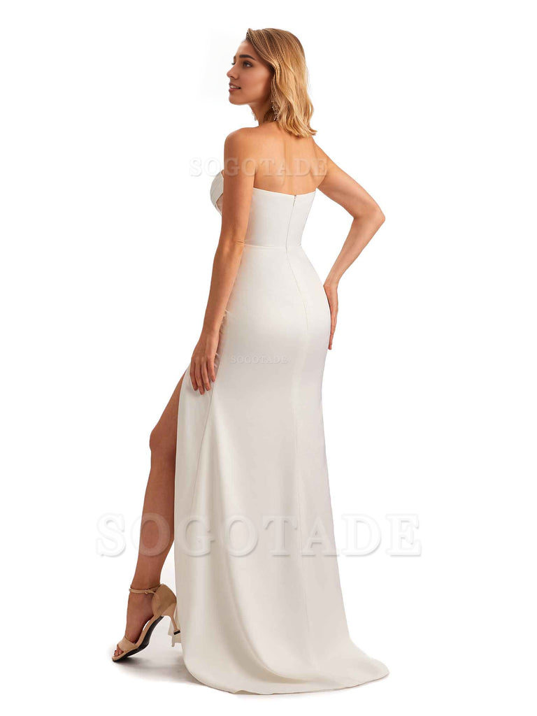 Sexy Sweetheart Strapless Side Slit Mermaid Soft Satin Unique Long Bridesmaid Dress For Wedding