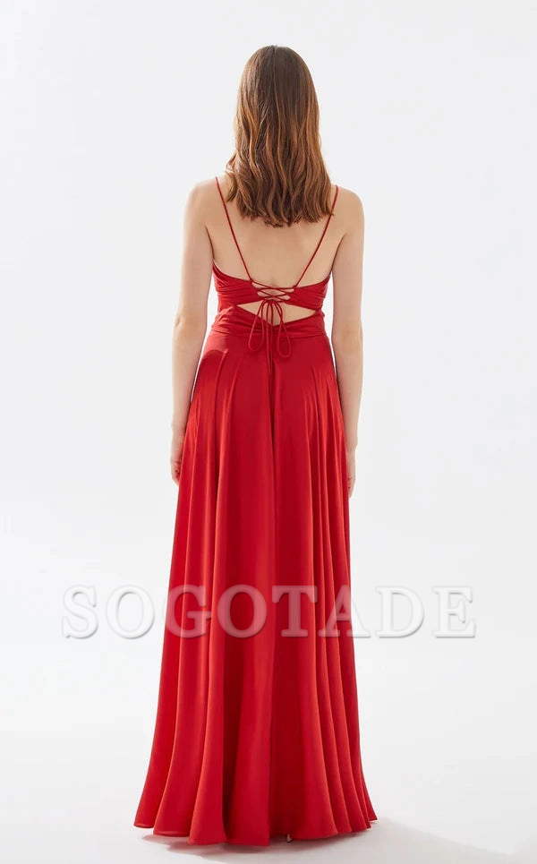 A-line deep V-neck thin shoulder strap and floor length evening dress-SOGOTADE