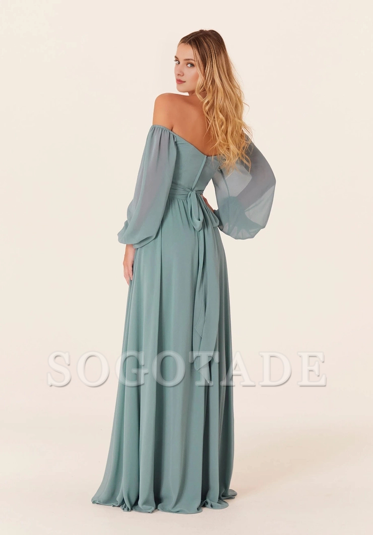 Heart shaped collar Bishop cuff skirt slit back tie bridesmaid dress