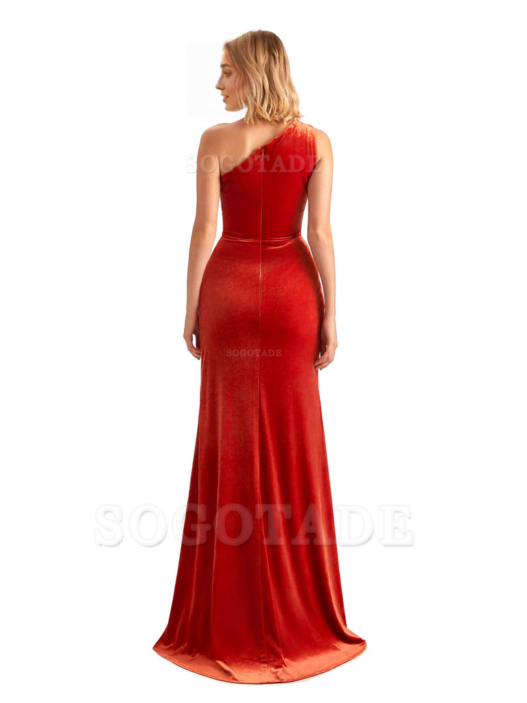 Sexy Sleeveless Floor Length Mermaid One Shoulder Side Slit Velvet Long Bridesmaid Dresses