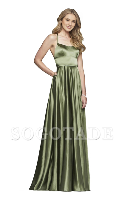 Thin shoulder strap square neck fitted tight corset and floor length evening dress