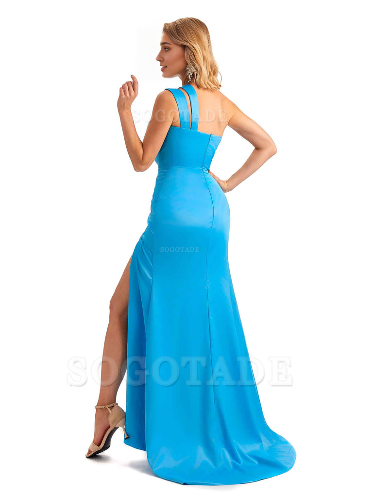 Elegant One Shoulder Side Hight Slit Mermaid Soft Satin Long Floor Length Bridesmaid Dress For Wedding