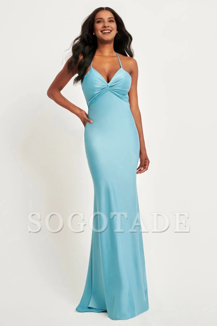 Thin shoulder strap V-neck satin backless and floor length dress