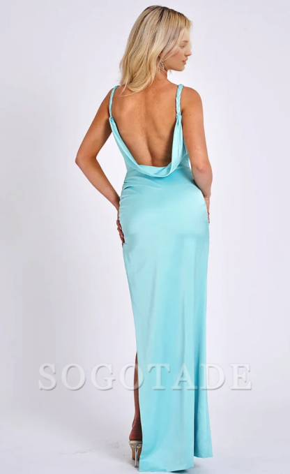 Thin shoulder straps backless high slits and floor length godons evening dresses
