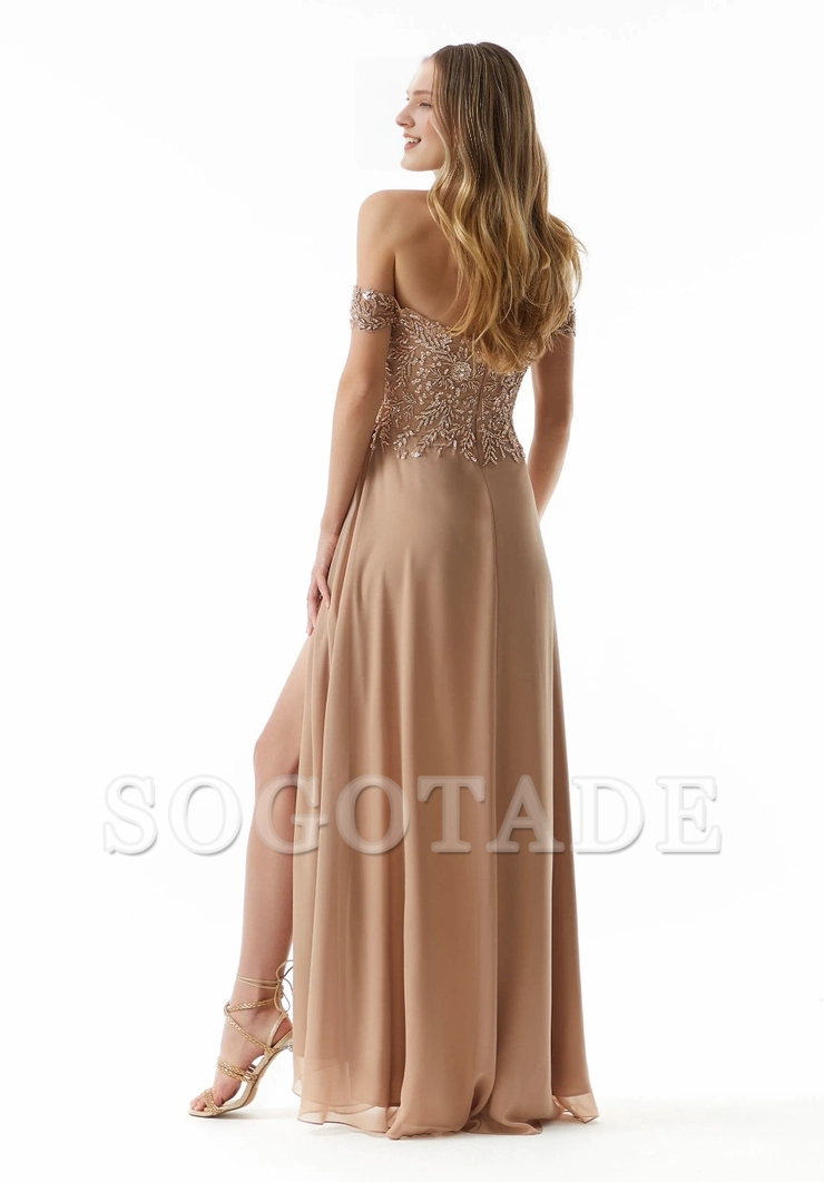 Chiffon heart-shaped neck tight corset bead embroidery front skirt slit evening dress