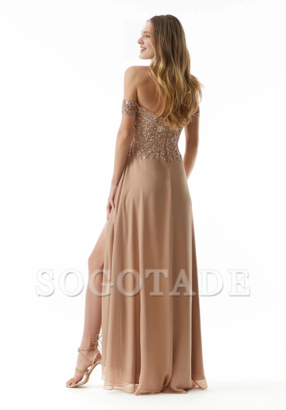 Chiffon heart-shaped neck tight corset bead embroidery front skirt slit evening dress