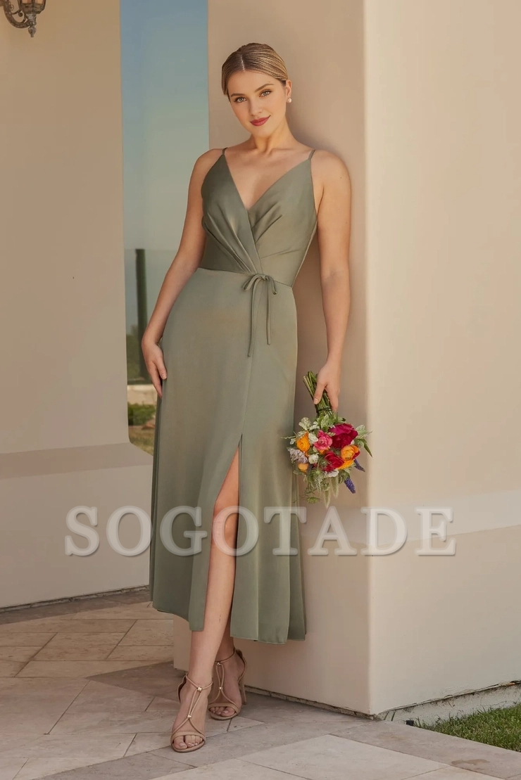 Thin shoulder strap V-shaped cross neckline bow front slit bridesmaid dress
