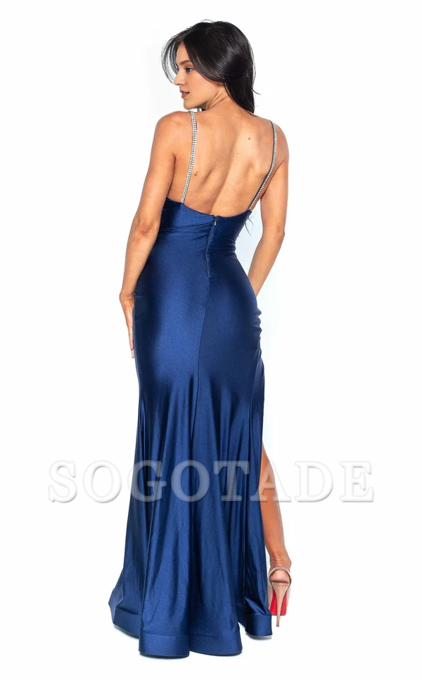 Mermaid V-neck slim shoulder strap with backless side slit and floor length Prom dress