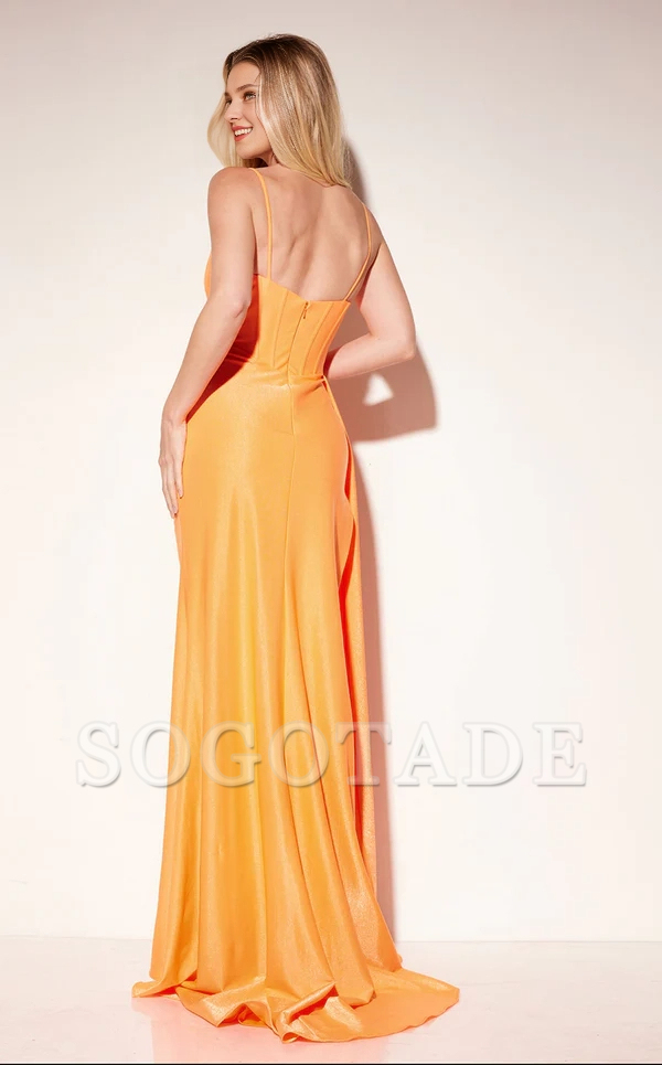 Square neck slim shoulder strap sleeveless side slit and floor length Prom dress