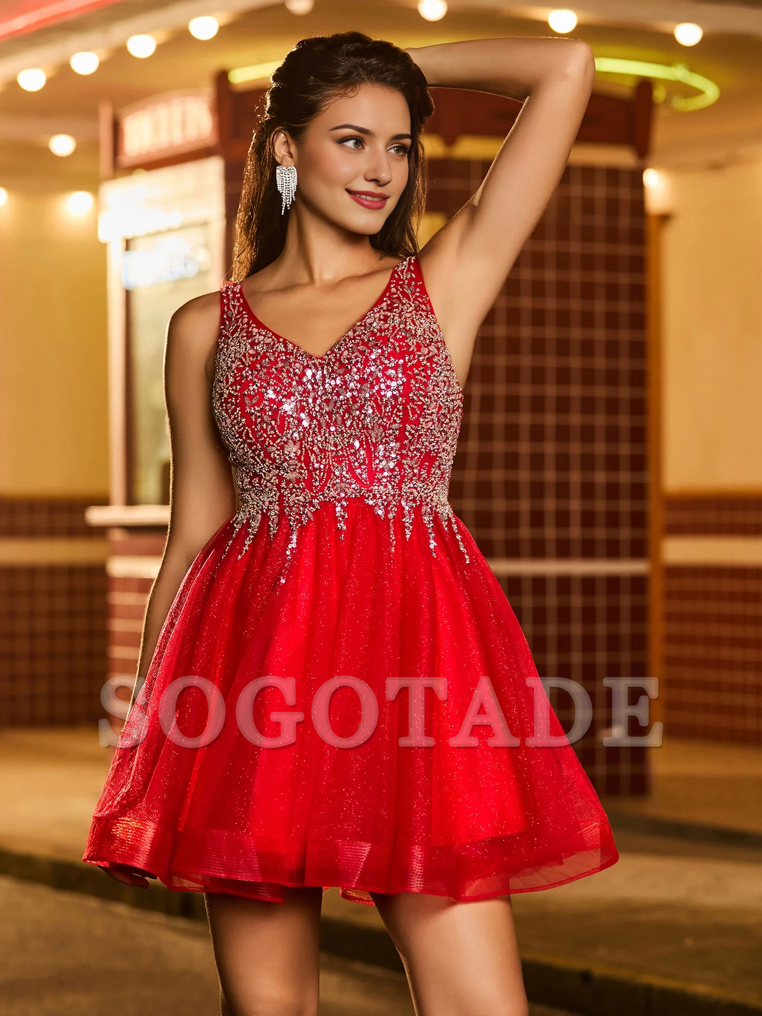Sparkling pearl embellishment chiffon lace up mini Homecoming dress