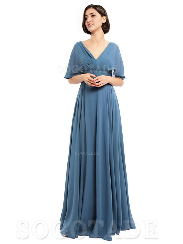  V-Neck Cap Sleeves Sleeves Chiffon Long Elegant Bridesmaid Dresses Formal Wear Dresses