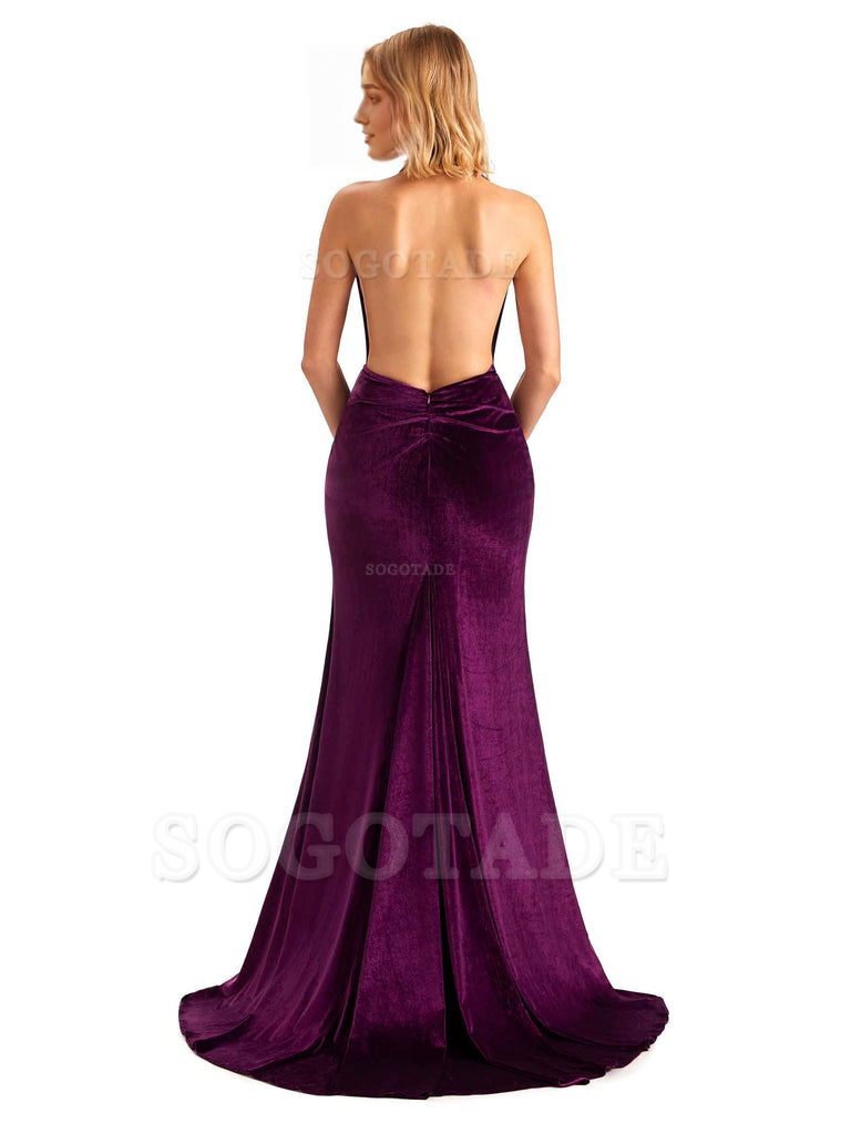Sexy Deep V Neck Backless Mermaid Halter Side Slit Velvet Long Bridesmaid Dresses Online