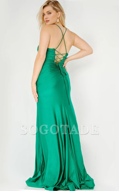 Spoon neck tight corset with thin shoulder straps slit and floor length evening dress