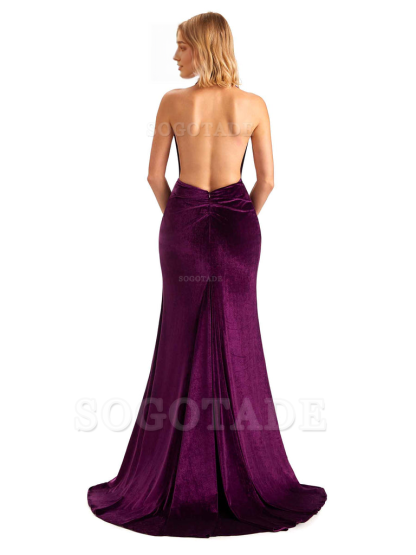 Sexy Deep V Neck Backless Mermaid Halter Side Slit Velvet Long Bridesmaid Dresses Online