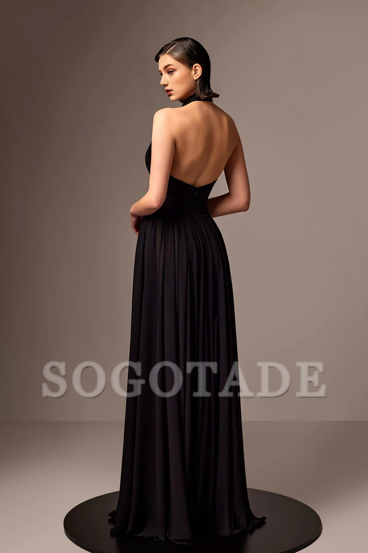 Hanging neck chiffon and floor length gown evening dresses