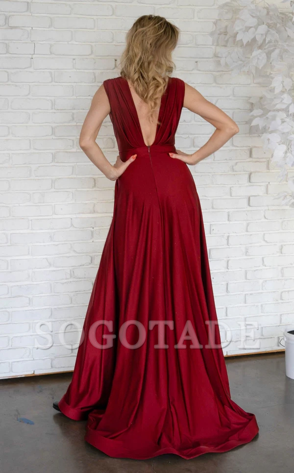 Deep V-neck sleeveless backless slit and floor length Prom dress