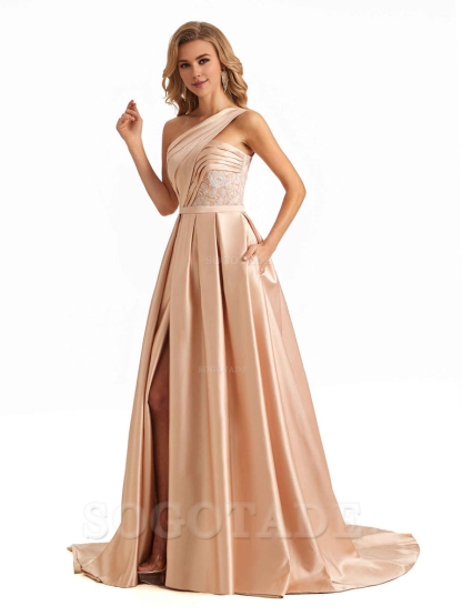 Sexy Side Slit One Shoulder A-Line Soft Satin Long Bridesmaid Dresses Online prom dress in store