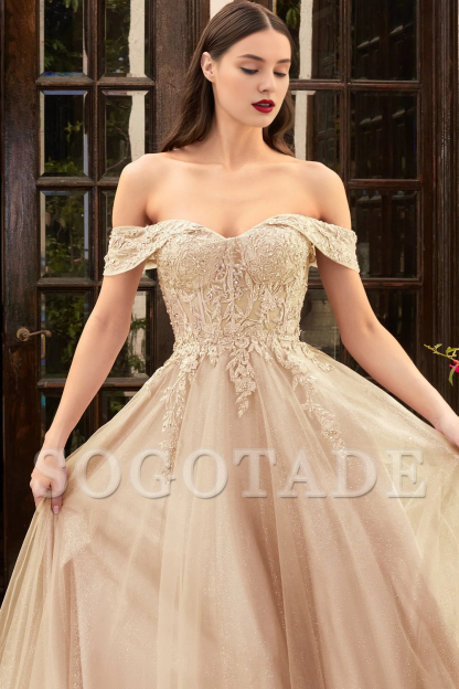 Lace applique short sleeved long off shoulder dress