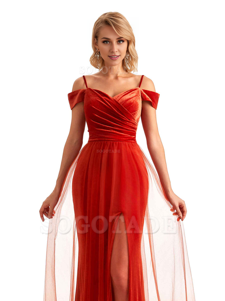 Elegant Mermaid Spaghetti Straps Floor Length Cold Shoulder Side Slit Tulle Velvet Long Bridesmaid Dresses