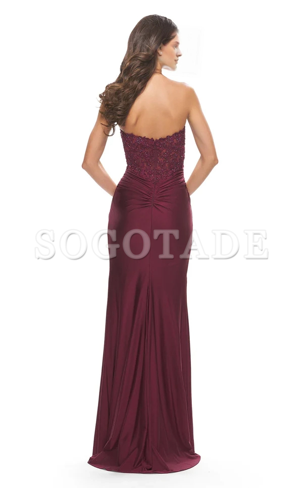 Chicken heart collar lace bead strapless side slit and floor length Prom dress