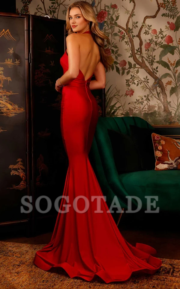 Mermaid hanging neck collar sleeveless backless and floor length Prom dress