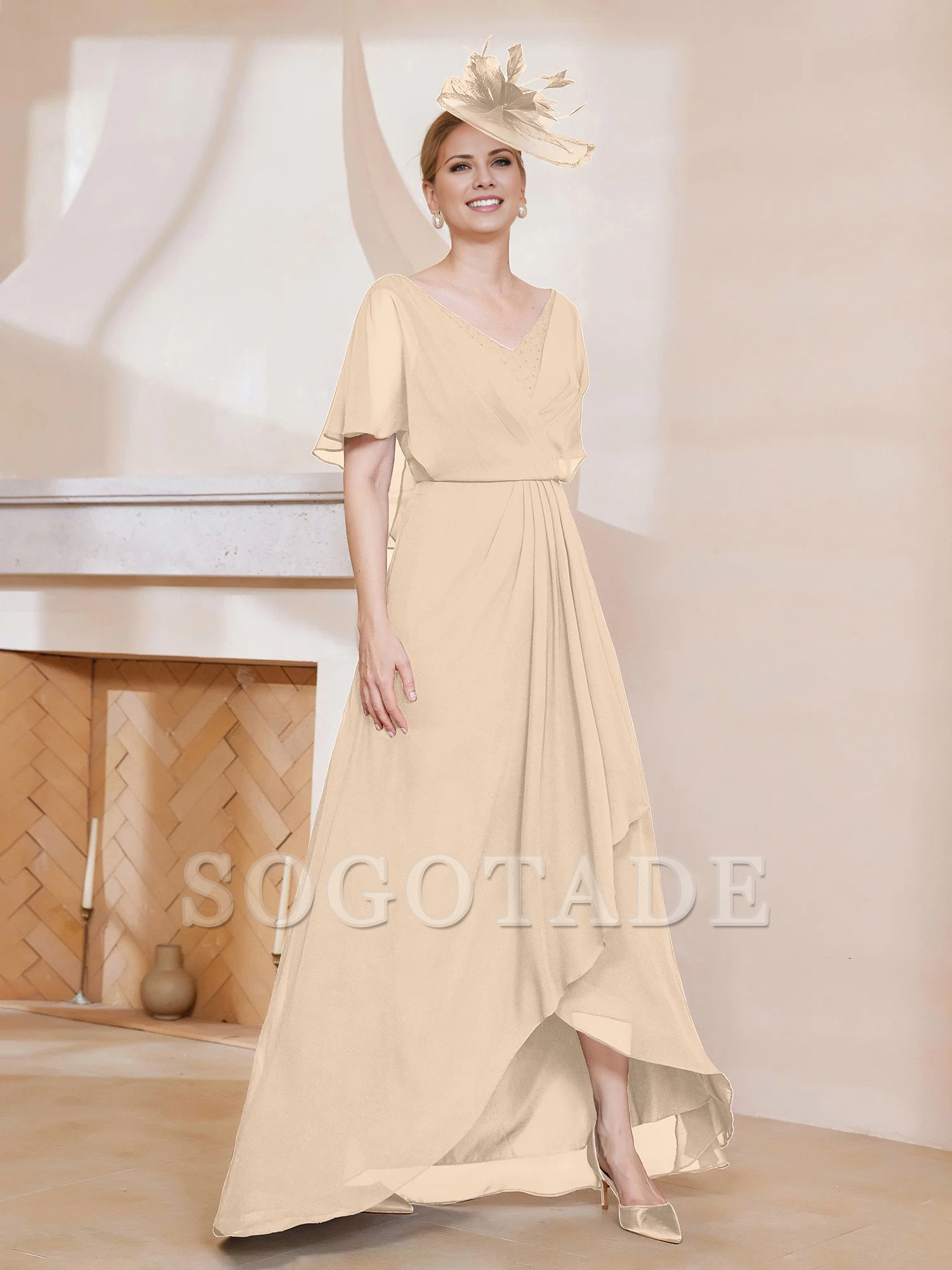 V-neck ruffle sleeves asymmetrical mother of the bride dress