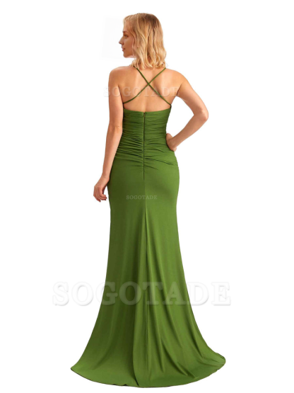 Sexy Side Slit Spaghetti Straps Open Back Mermaid Lace Applique Long Formal Bridesmaid Dresses