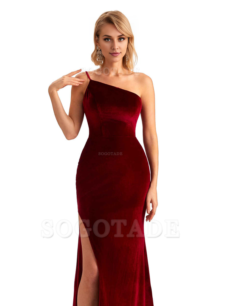 Sexy Side Slit Mermaid Spaghetti Straps One Shoulder Formal Velvet Long Bridesmaid Dresses