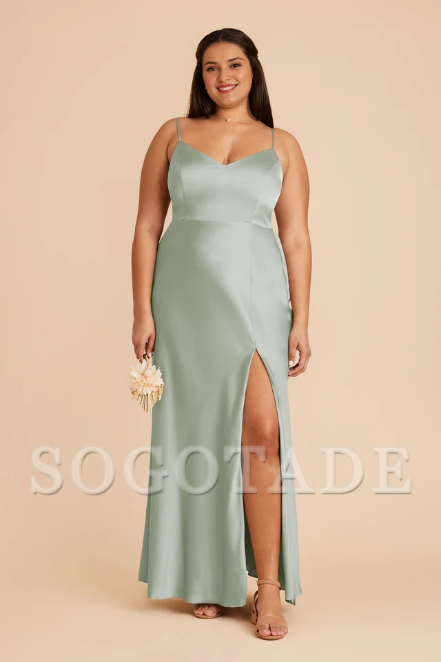 Thin shoulder strap V-neck satin full lining and floor length bridesmaid dress