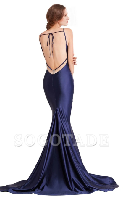 Mermaid V-neck slim shoulder strap backless and floor length evening gown