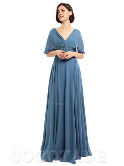  V-Neck Cap Sleeves Sleeves Chiffon Long Elegant Bridesmaid Dresses Formal Wear Dresses