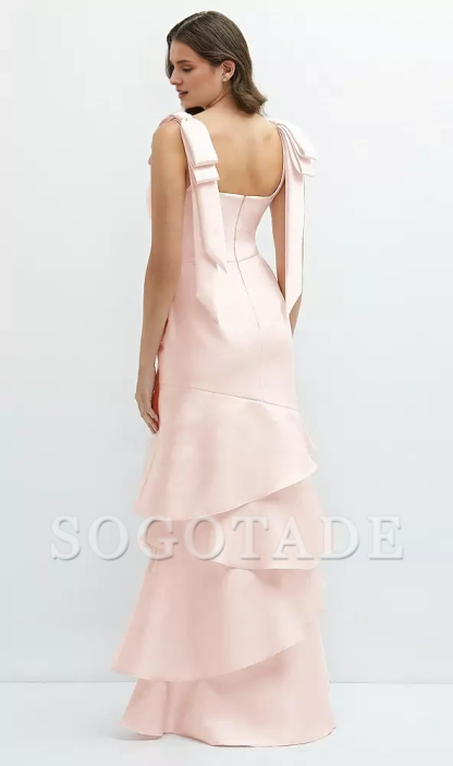 Asymmetric layered skirt with bow shoulder satin Prom dress
