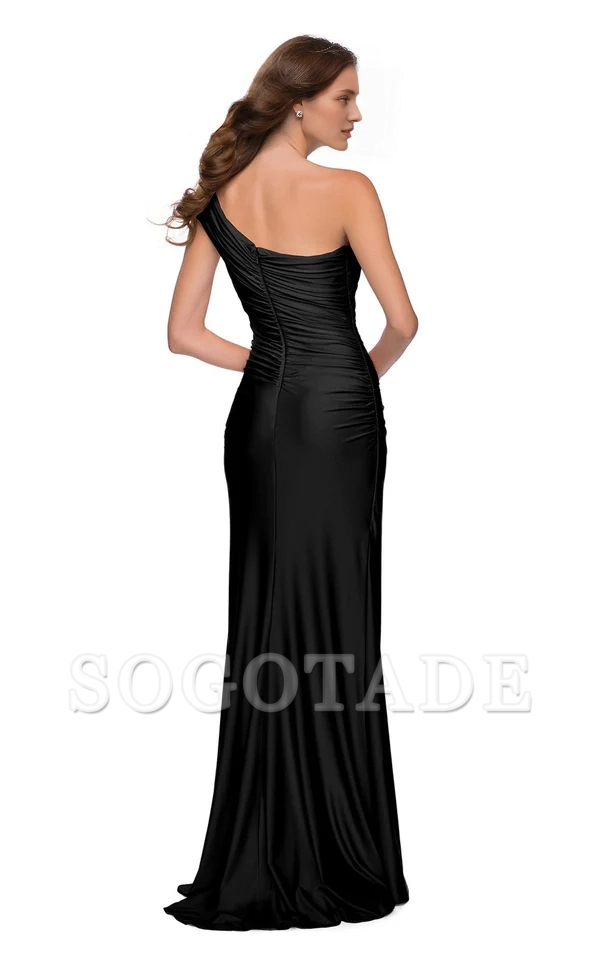 Asymmetric collar sleeveless tight corset with side slits and floor length evening gown