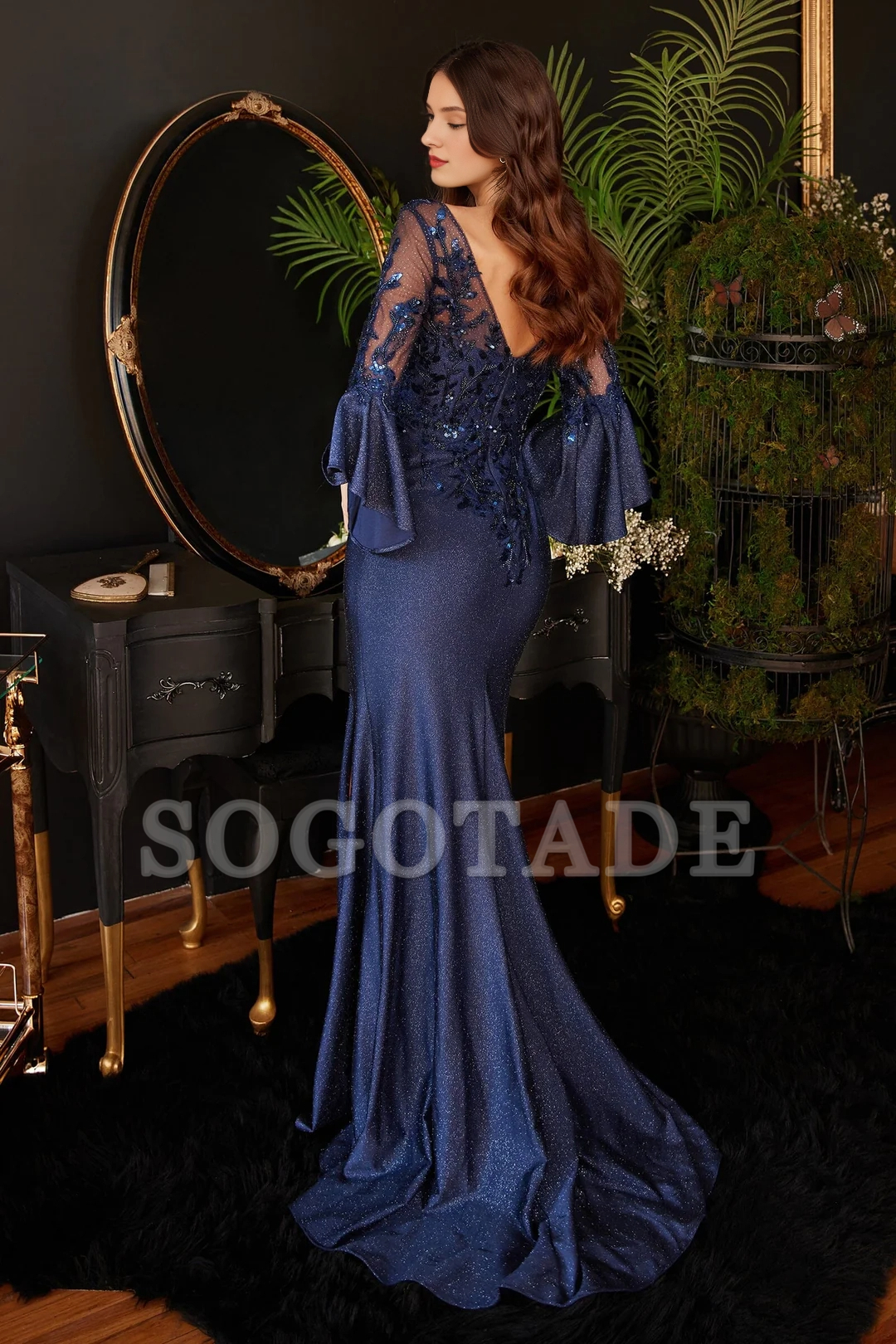 Floral decal long flared sleeve satin sparkling dress