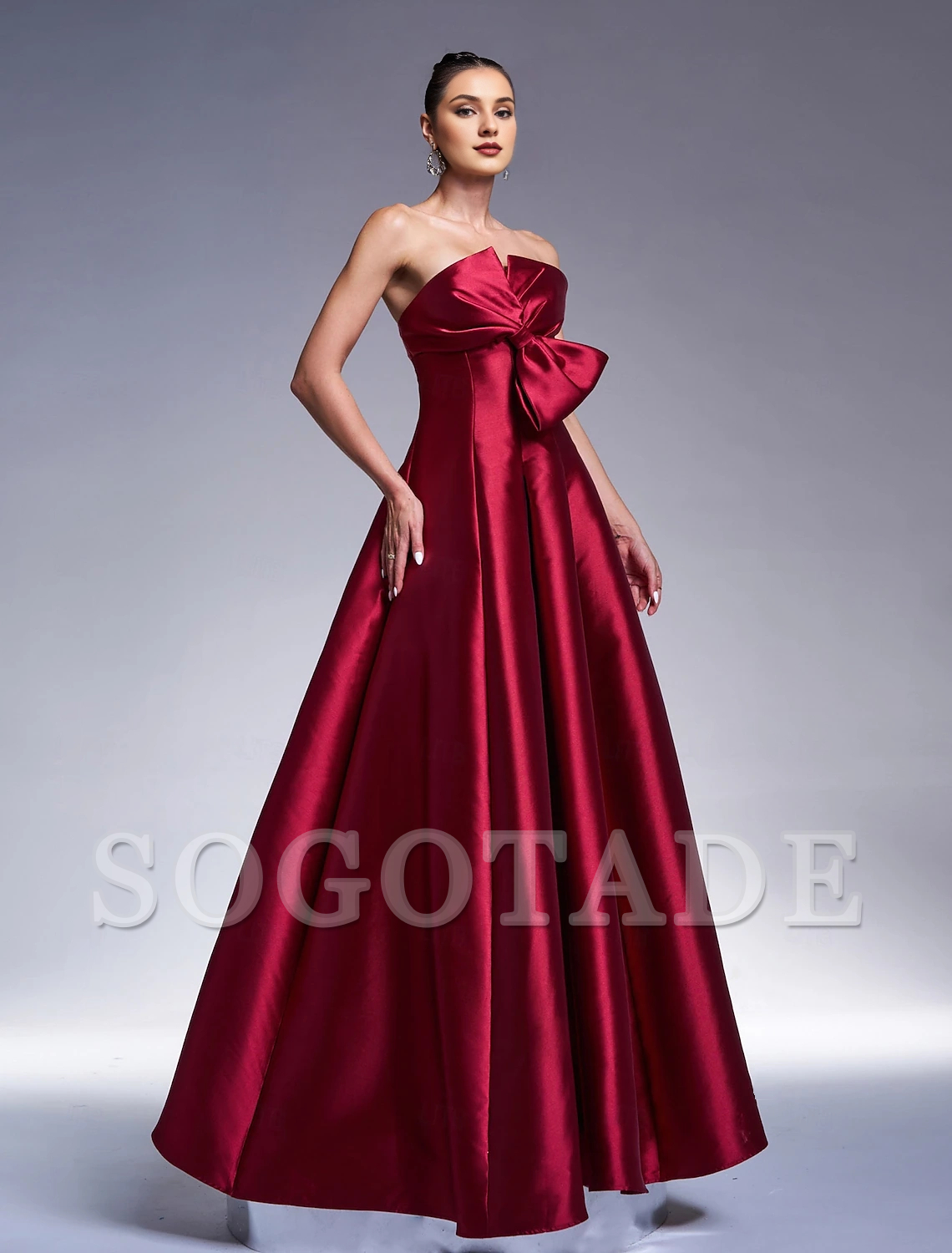 A-line evening gown sparkling dress formal and floor long sleeved strapless satin bow 2024 gowns evening dresses-SOGOTADE