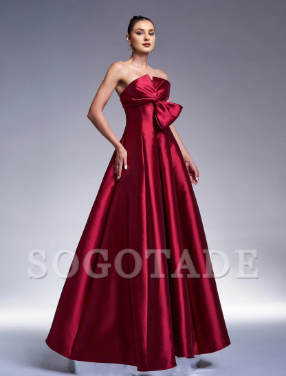 A-line evening gown sparkling dress formal and floor long sleeved strapless satin bow 2024 gowns evening dresses-SOGOTADE