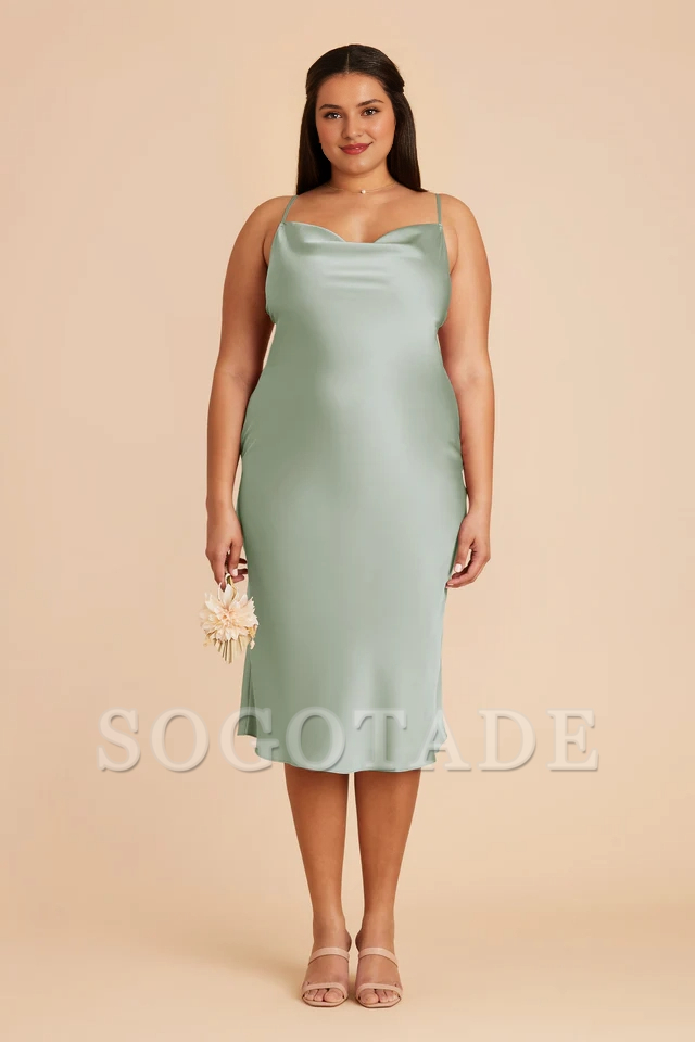 Fully lined pleated neckline mid length side zipper bridesmaid dress