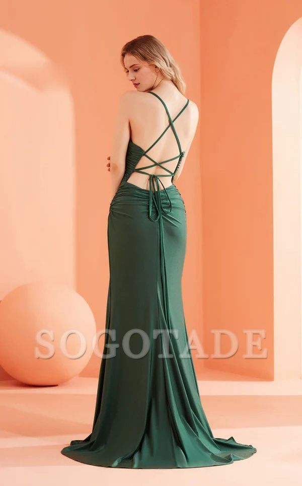 V-neck sleeveless slim shoulder strap with side slits and floor length Prom dress
