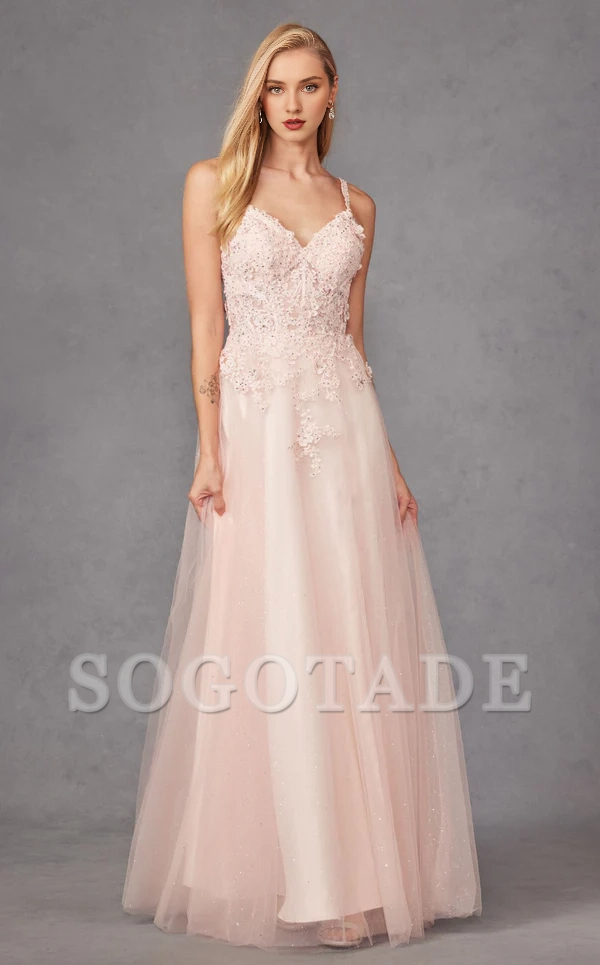 Thin shoulder strap V-neck backless lace decal sheer side slit and floor length Prom dress