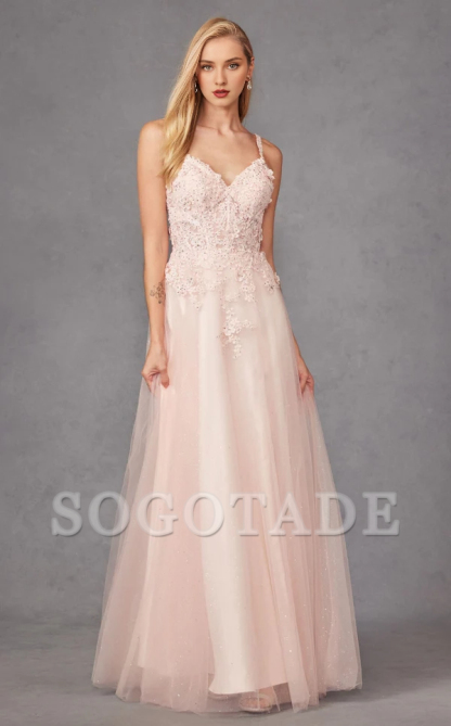 Thin shoulder strap V-neck backless lace decal sheer side slit and floor length Prom dress