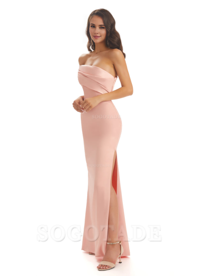 Soft Satin Sexy Side Slit One Shoulder Long Mermaid Bridesmaid Dresses Online prom dress in store